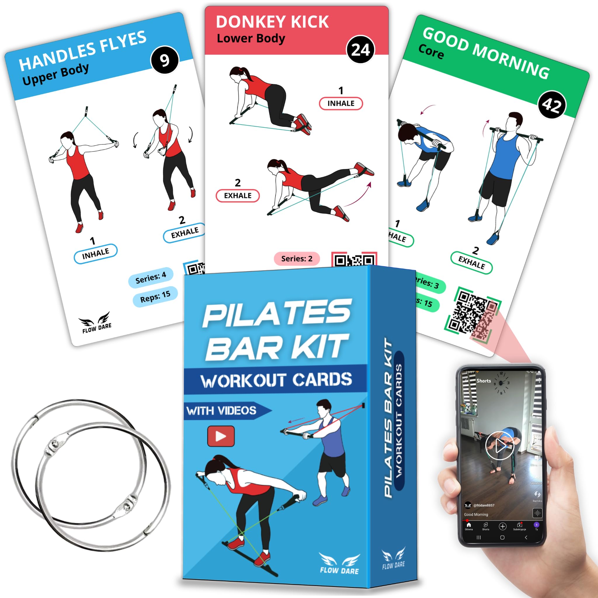 Pilates Bar Kit Workout Cards β 62 Exercise Cards Deck with Videos & Workout Plan - Includes 8-Week Challenge, Chart & 2 Rings for Easy Organization - Home Exercise Bar Guide for Women & Men