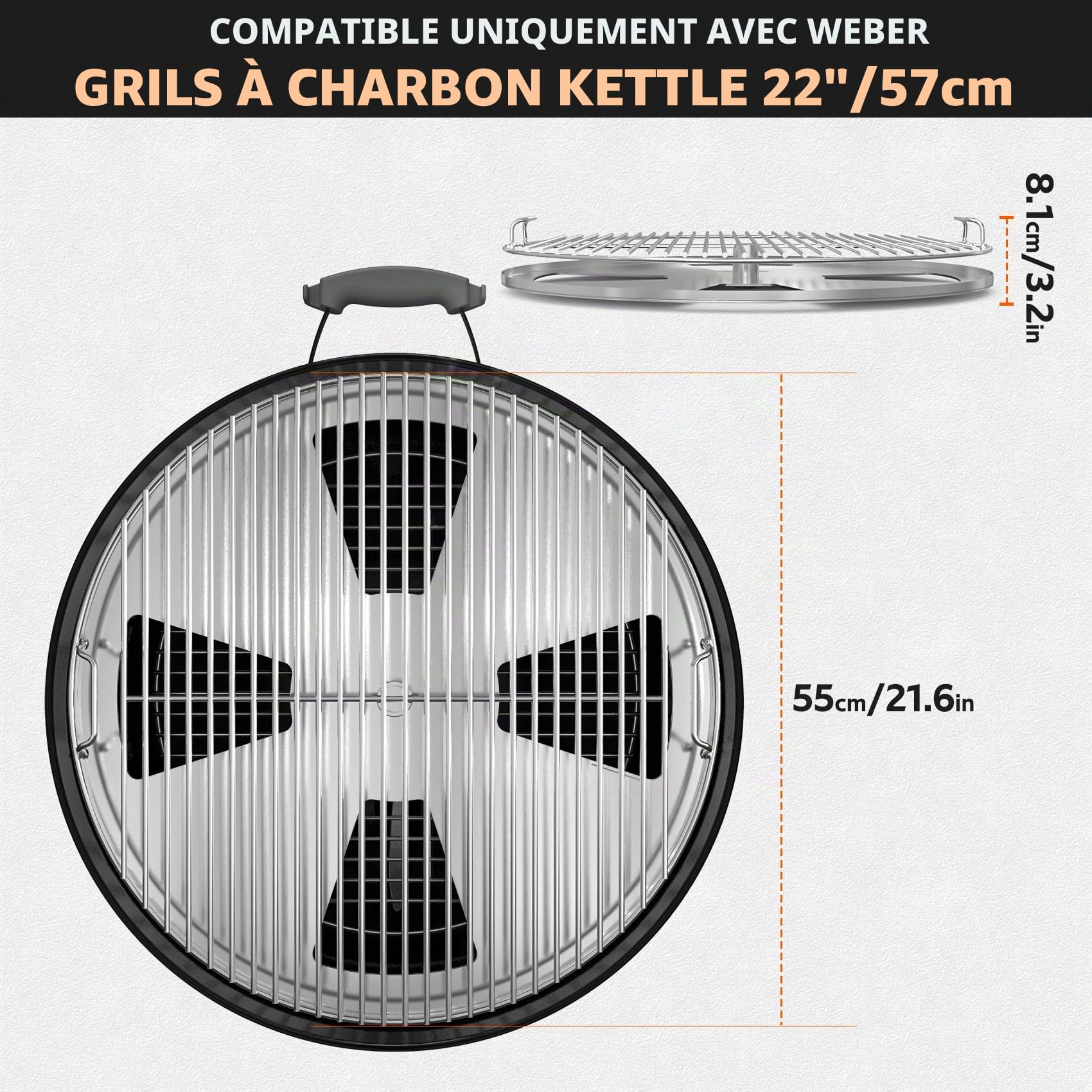 Onlyfire Grille de Barbecue pour Barbecue à Charbon 57 cm, Accessoire de Fumage avec Diffuseur Réglable pour Cuisson Indirecte et Low & Slow, Contrôle Manuel du Flux de Fumée par Rotation des Poignées