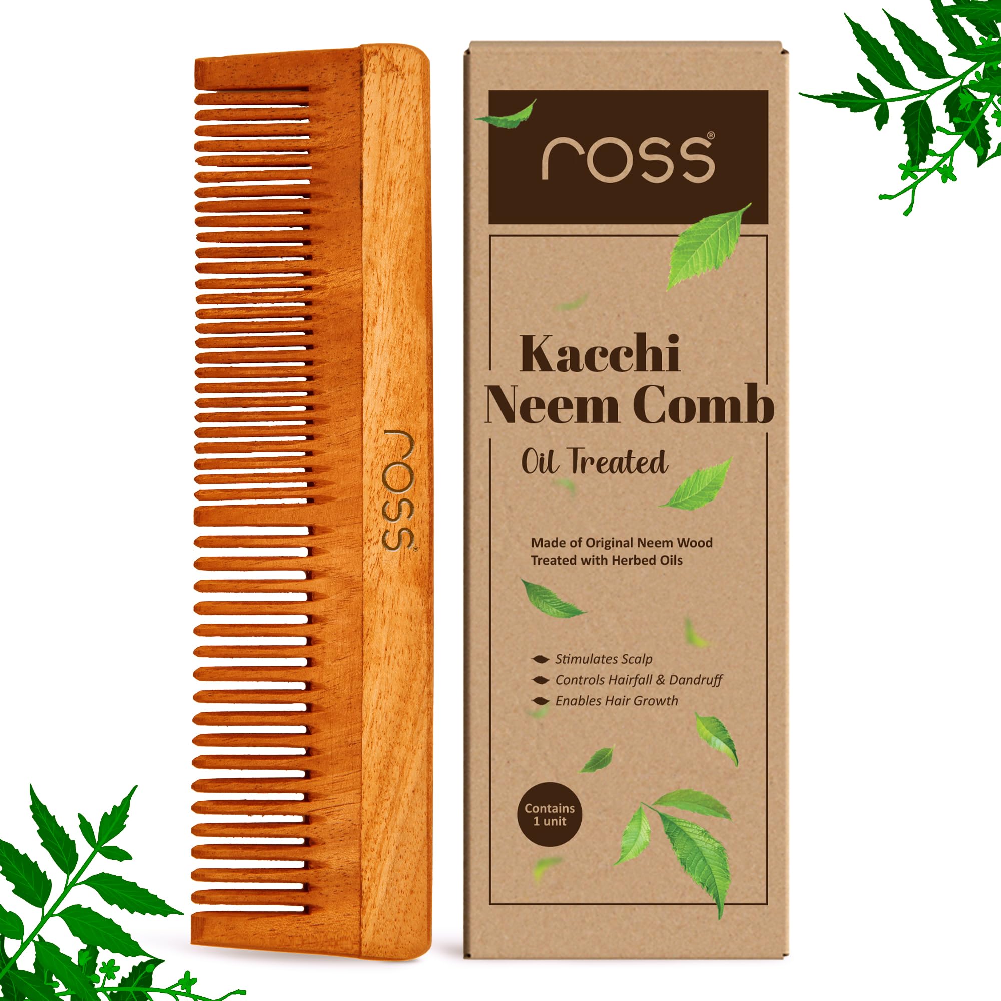 Kacchi Neem Wood Comb | Oil-Treated with 15+ Ayurvedic Herbs β Neem, Bhringraj & Amla | Anti-Hair Fall, Dandruff & Frizz Control | Herbal Dual-Tooth Wooden Comb for Men & Women