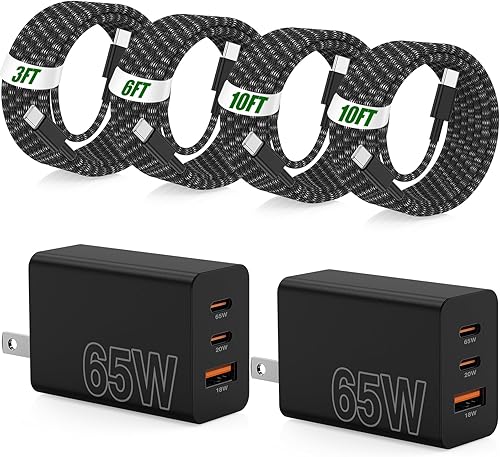 Cargador súper rápido tipo C de 65 W para Samsung, 3 puertos 100 W PD carga rápida 3.0 USB C bloque y cable trenzado tipo C de 3/6/10/10 pies para