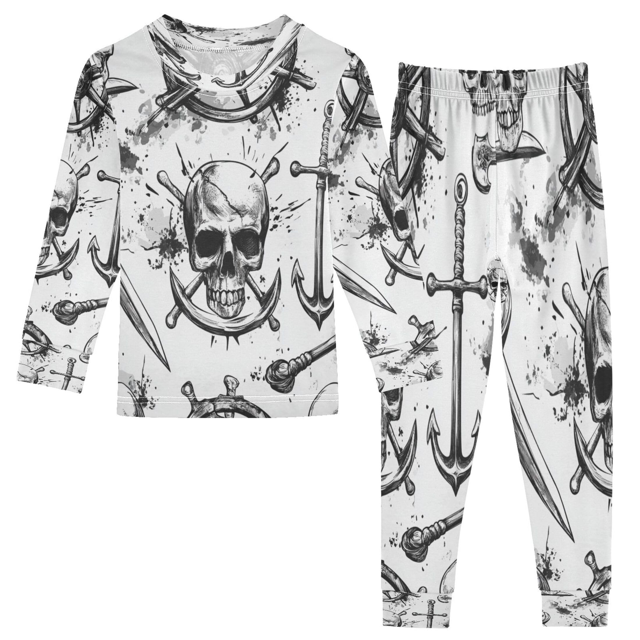 Vozoza Pirate Skulls Swords Black Pajama Sets Long Sleeve Top with Pants Cotton Soft Sleepwear 2 Piece Pjs Set Size 5T