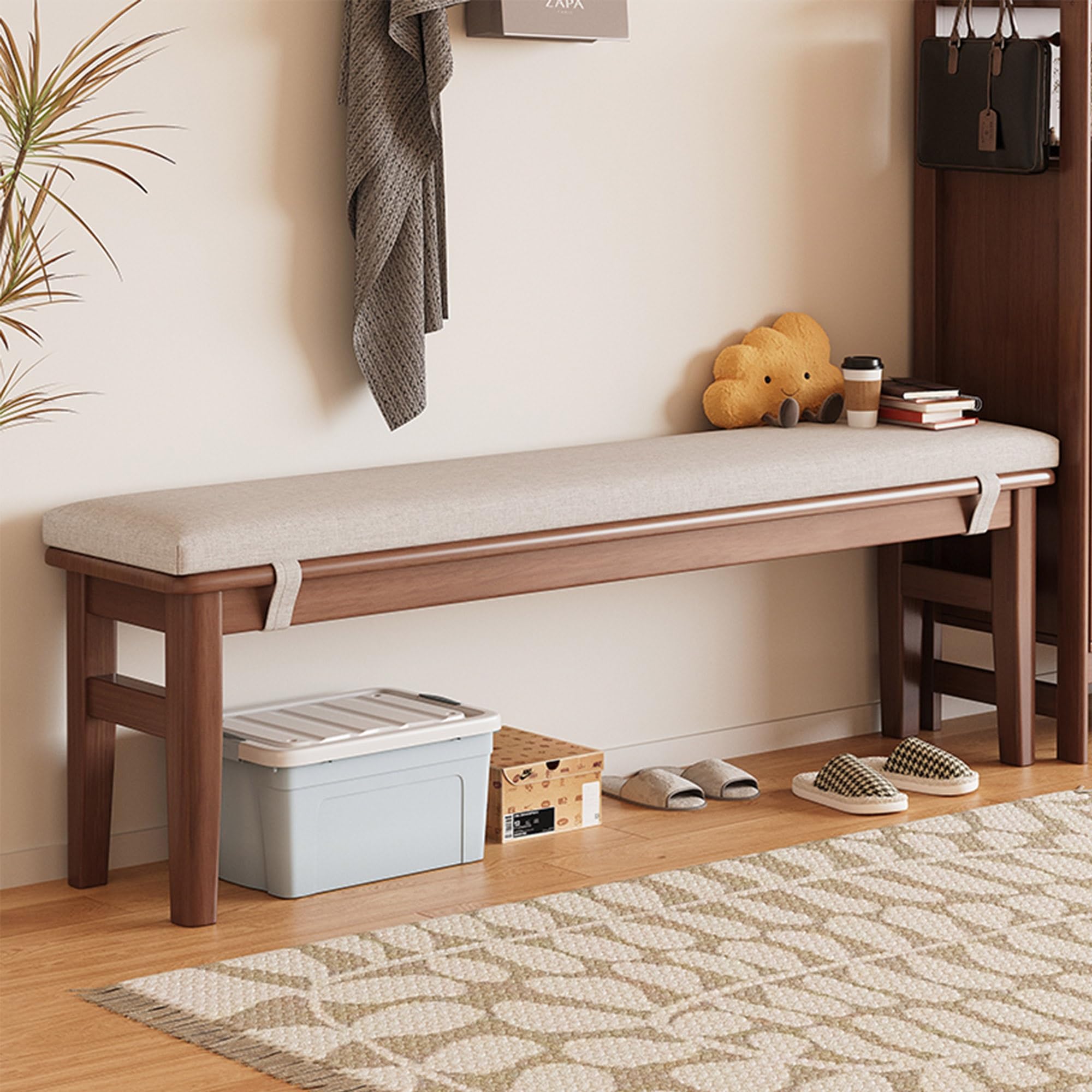 Banc d'entrée en bois noble style campagnard chic et assise rembourrée