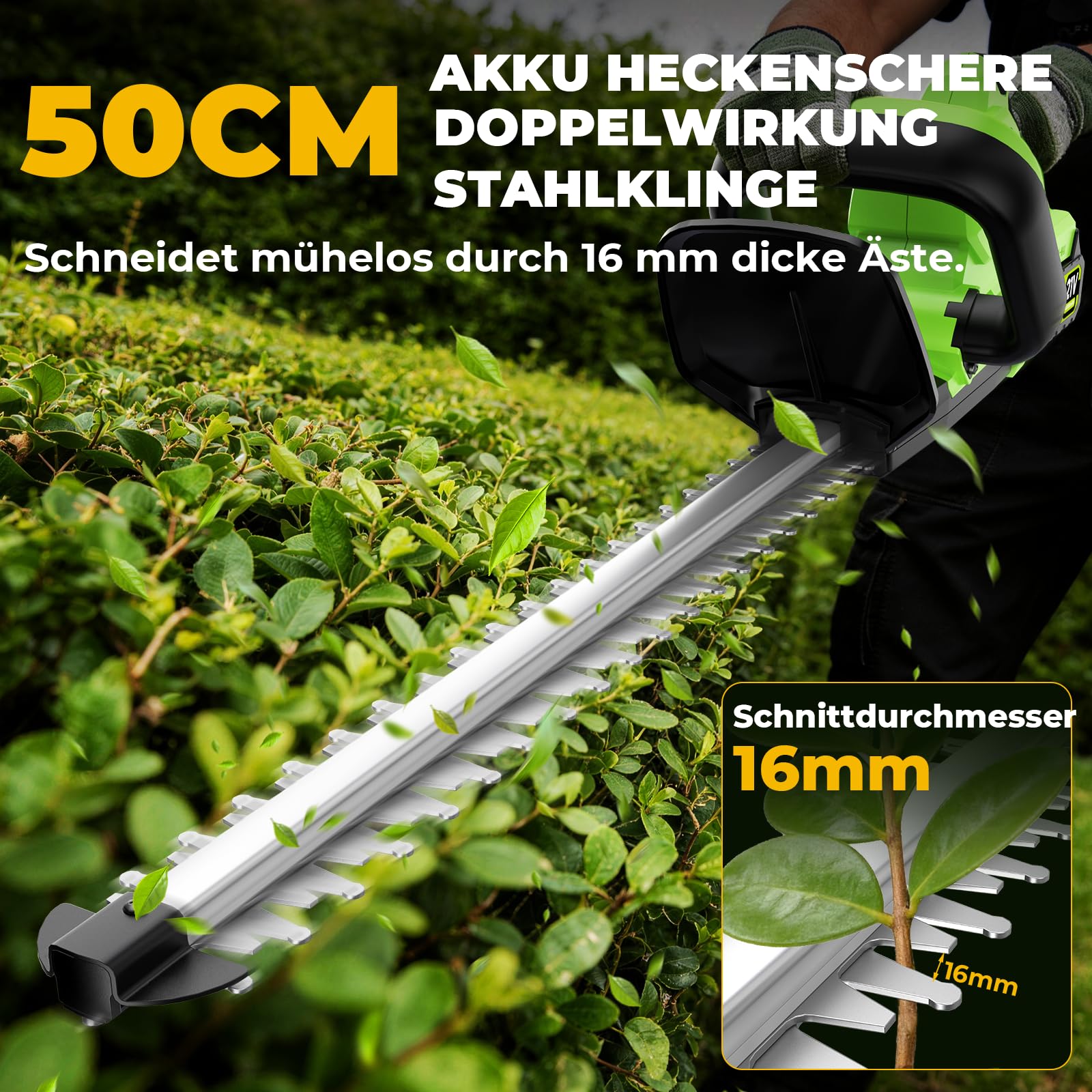Heckenschere Akku, 50cm Elektrische Heckenschere für Makita Akkus, 800W Heckenschere mit 2 * 4000mAh Akku & Ladegerät, 16 mm Zahnabstand Dual Schnittklingen, Leicht für Garten, Hecken, Sträucher
