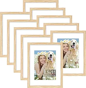 decorUhome 8.5x11 Picture Frame Set of 10, Display Photos 6x8 with Mat or 8.5x11 Unmatted for Picture Frames Collage Wall Decor, Natural