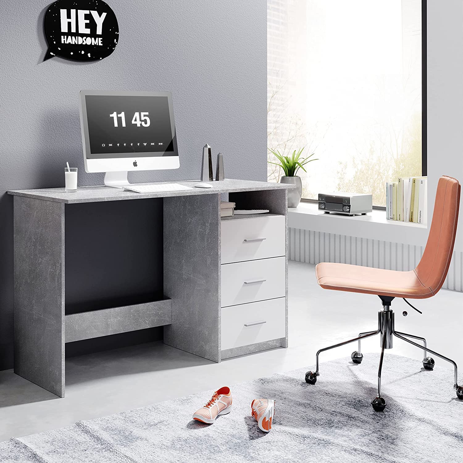 AVANTI TRENDSTORE - Adria - Scrivania con 3 cassetti bianchi ed 1 vano aperto, in legno laminato, disponibile in 3 diversi colori (Grigio)