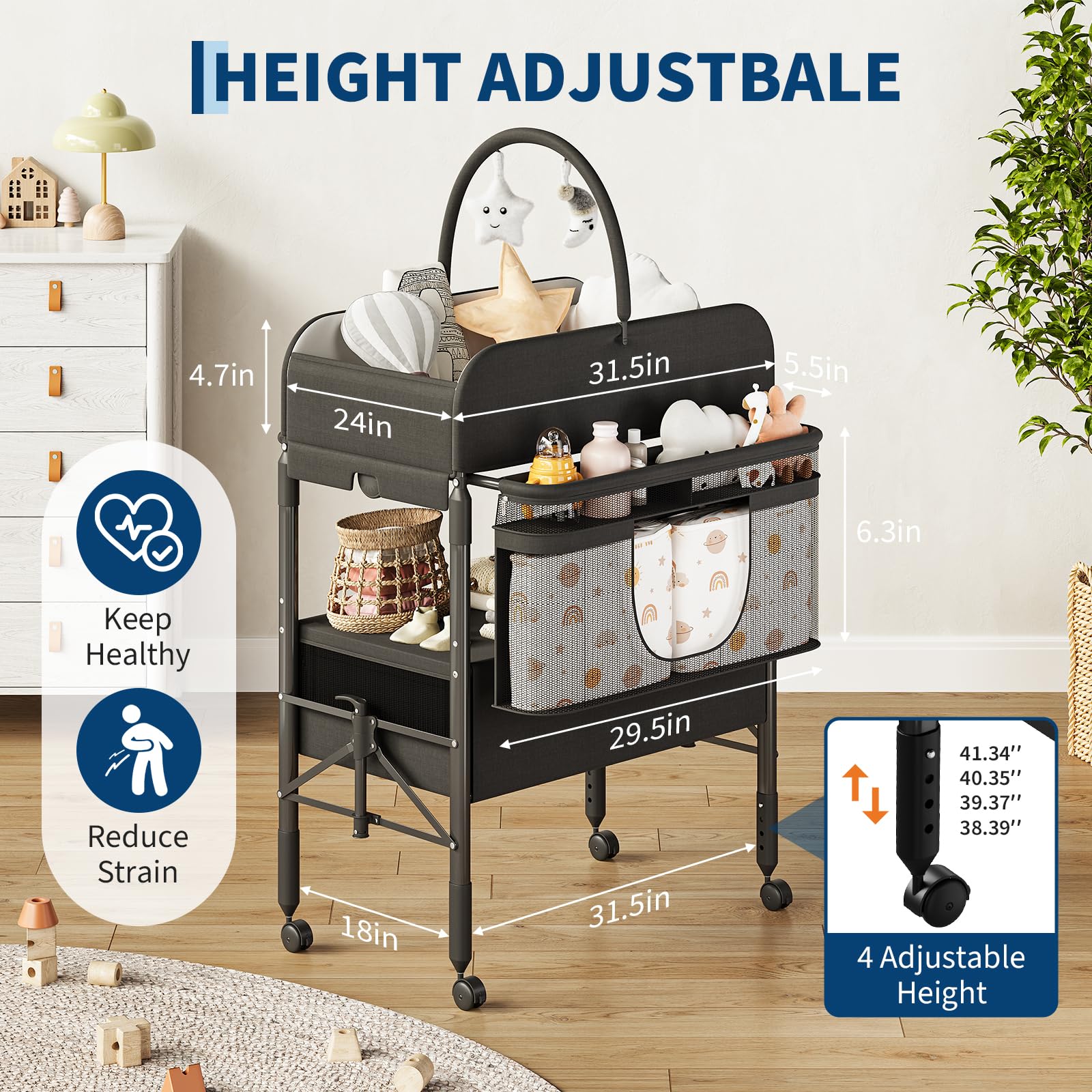 Table à Langer Pliable Bébé Avec 2 Tiroirs, Hauteur Réglable, Matelas Imperméable, Rangement Nurserie, Tringle à Vêtements Et 4 Roulettes Verrouillables, Noir