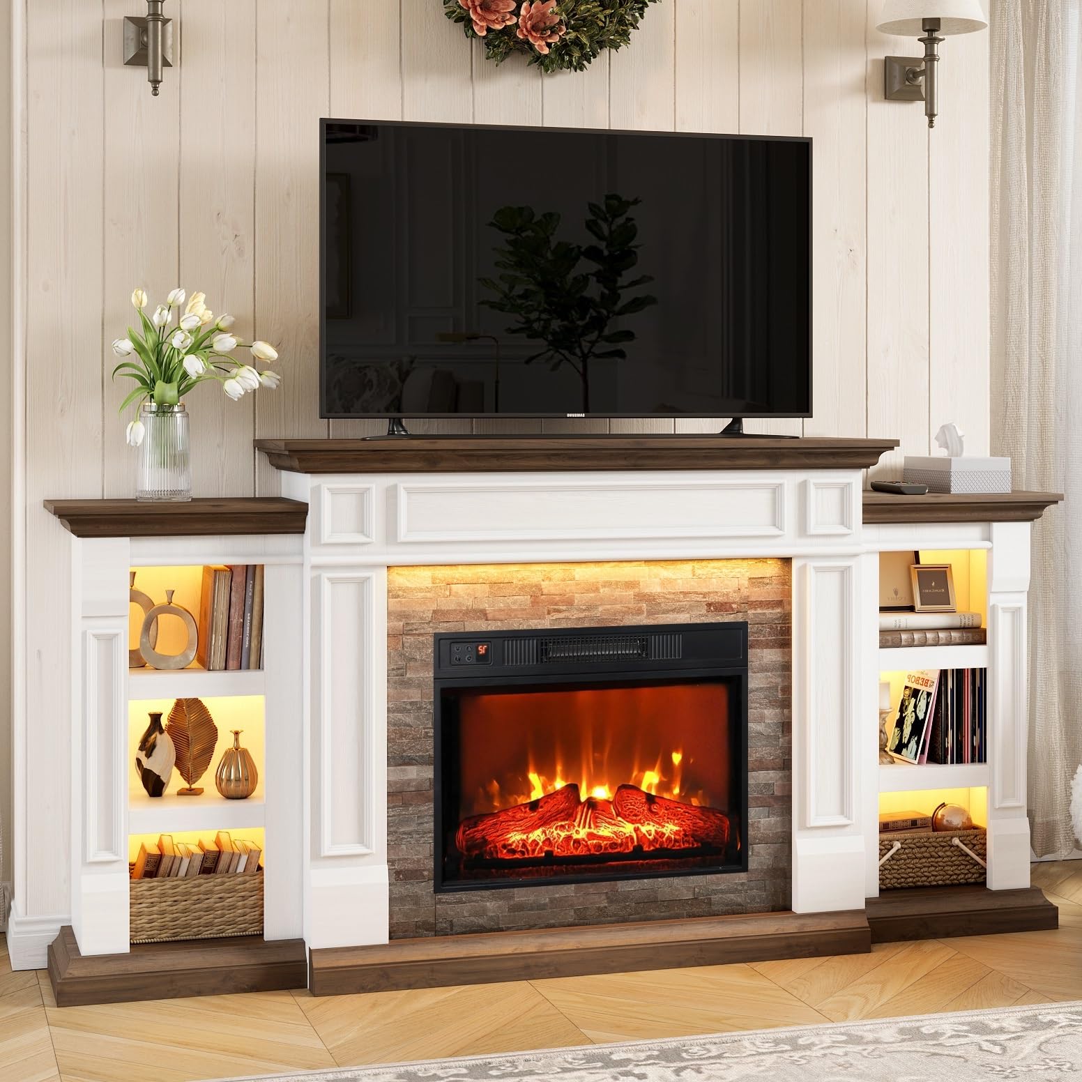 Naice 72" Electric Fireplace with Mantel and Cabinets, LED Light Fireplace TV Stand for TVs up to 80", 3D Realistic Flame Heater with Stacked Stone Surround for Living Room