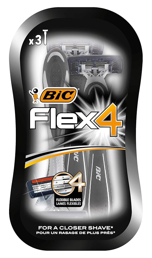 Bic Flex 4 Comfort Men's Razors - Pack of 3 Disposable 4-Blade Razor - with Lubricating Strip for A Smooth And Precise Shave