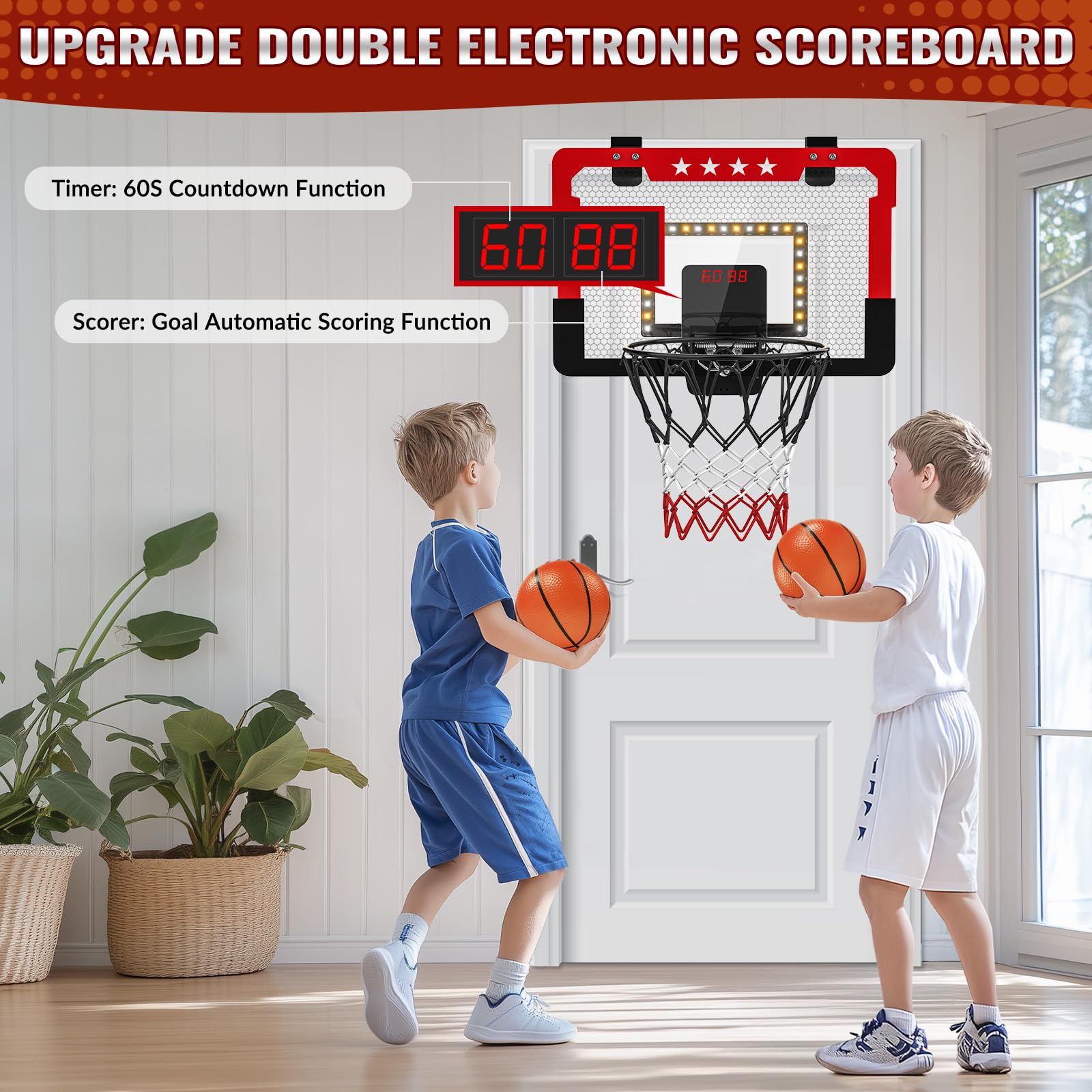 Panier De Basket Intérieur Mural Avec Tableau De Score électronique – 4 Ballons Inclus – Anneau Rebondissant – Cadeau Enfant