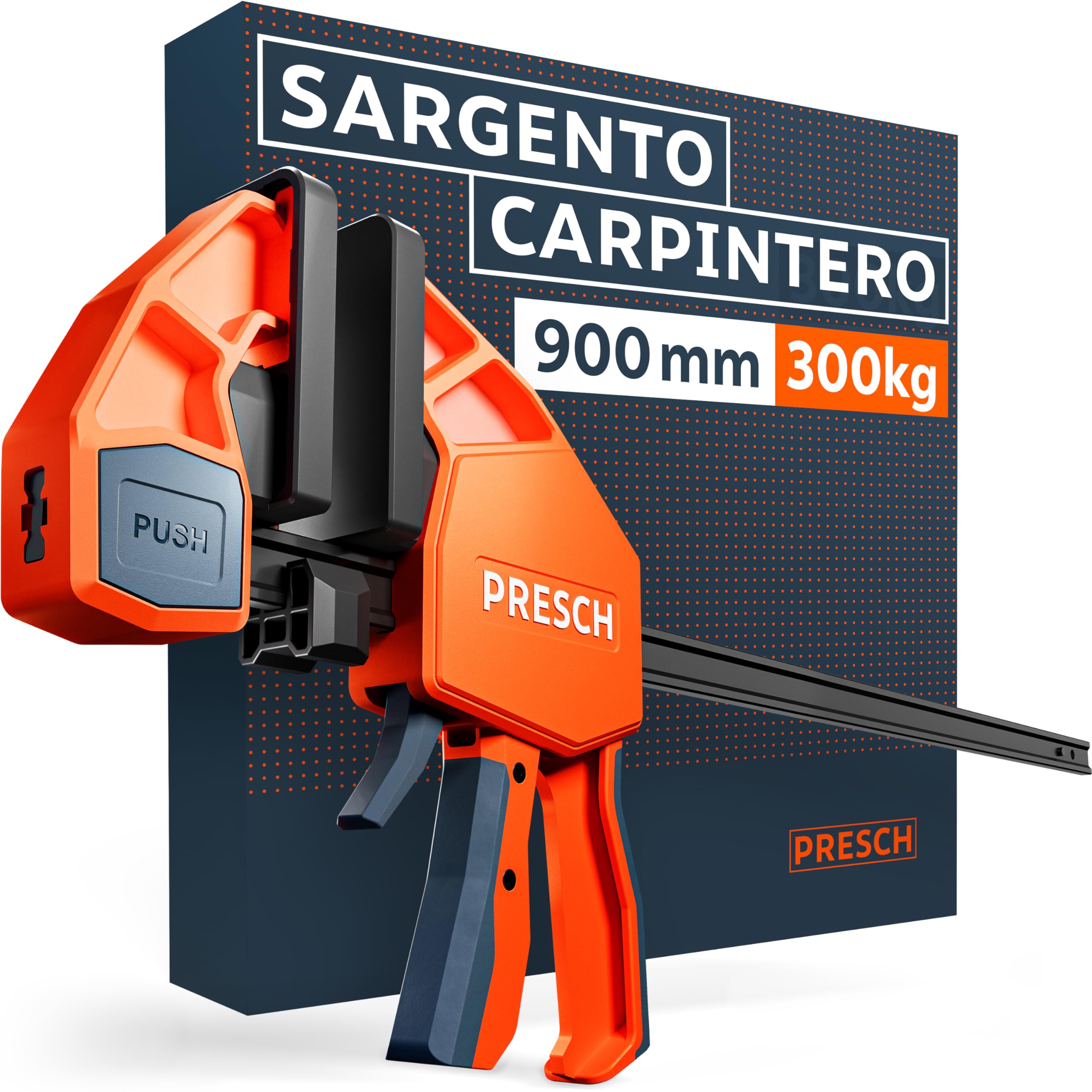 Presch Sargento Carpintero 900mm - Abrazadera de barra con 300 kg de fuerza de sujeción - Robusto gracias al acero al carbono y al cuerpo reforzado con fibra de vidrio - Con función de expansión