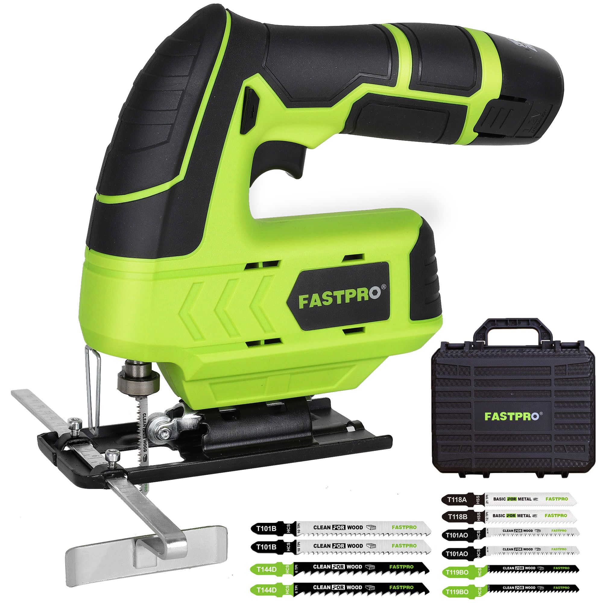 FASTPRO 12V Cordless Jig Saw Kit, Electric Jigsaw with 10pcs Blades & Edge Guide, Included 1.5 Ah Battery, Charger and Storage Case