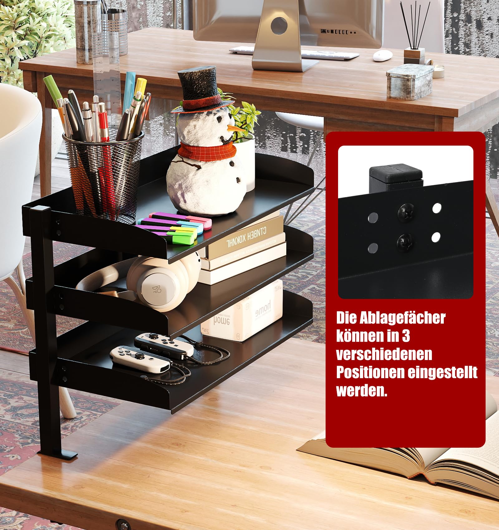 uyoyous Klemmbares Schreibtisch Organizer Regal 3 Tier Einstellbar Büro Organizer Kohlenstoffstahl Schreibtisch Erweiterung Klemmregal Schreibtischregal Tischregal für Büro, Home, Schule (44×22×39cm)