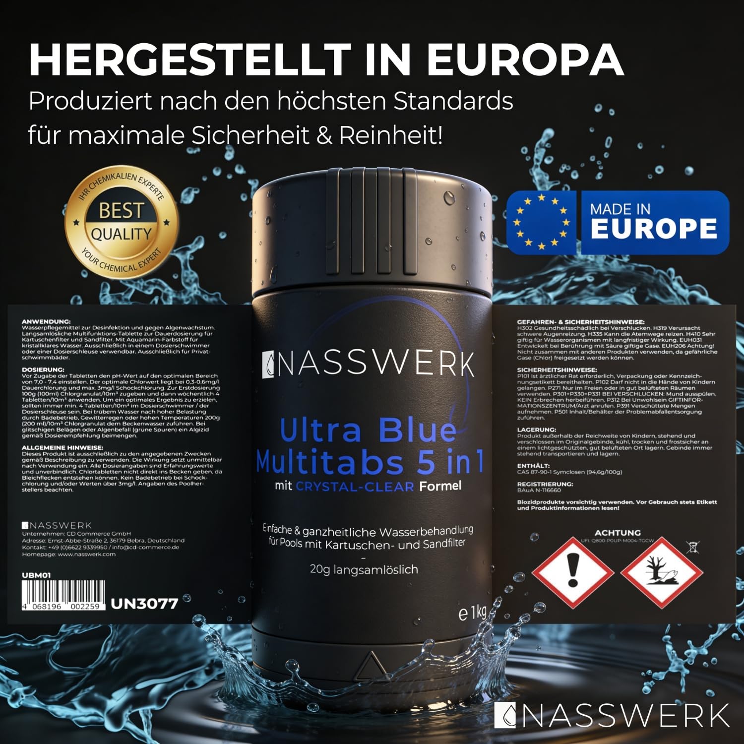 NASSWERK 5 in 1 Chlortabletten für Pool 20g (1kg bis 10kg) | Langzeit Ultra Blue Multitabs 5 in 1 für Pool & Whirlpool | Mini Chlortabs mit Chlor, Algizid, pH Regulierer, Reiniger & Aquamarin
