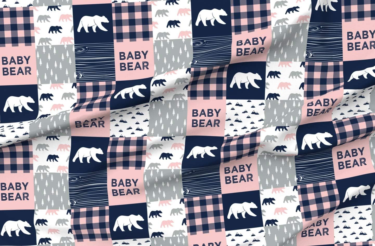 Spoonflower Fabric - Bear Patchwork Woodland Wholecloth Cheater Quilt Top Pink Navy Girl Printed on Organic Cotton Sateen Fabric by The Yard - Sewing Quilting Apparel Home Decor