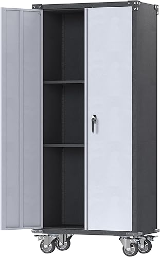 Miniatura 9 de Rolling Tool Cabinet with Wheels, Small Metal Storage Cabinet with 1 Drawer and Shelves, Metal Cabinet with Lockable Door for Garage, Home, Office