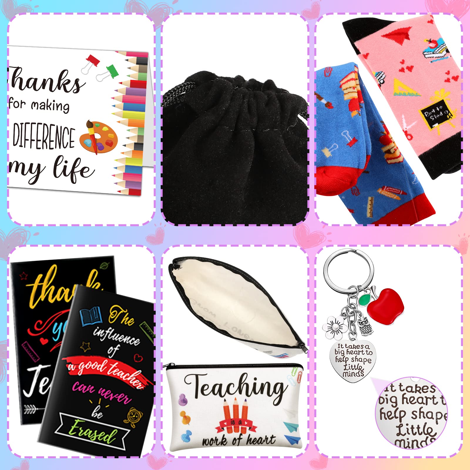Eaasty 36 Sets Teacher Graduation Gifts Bulk Makeup Pouch Cosmetic Pencil Bag Keychains Inspirational Notebooks Cards and Socks for Teacher Appreciation Graduation Gifts