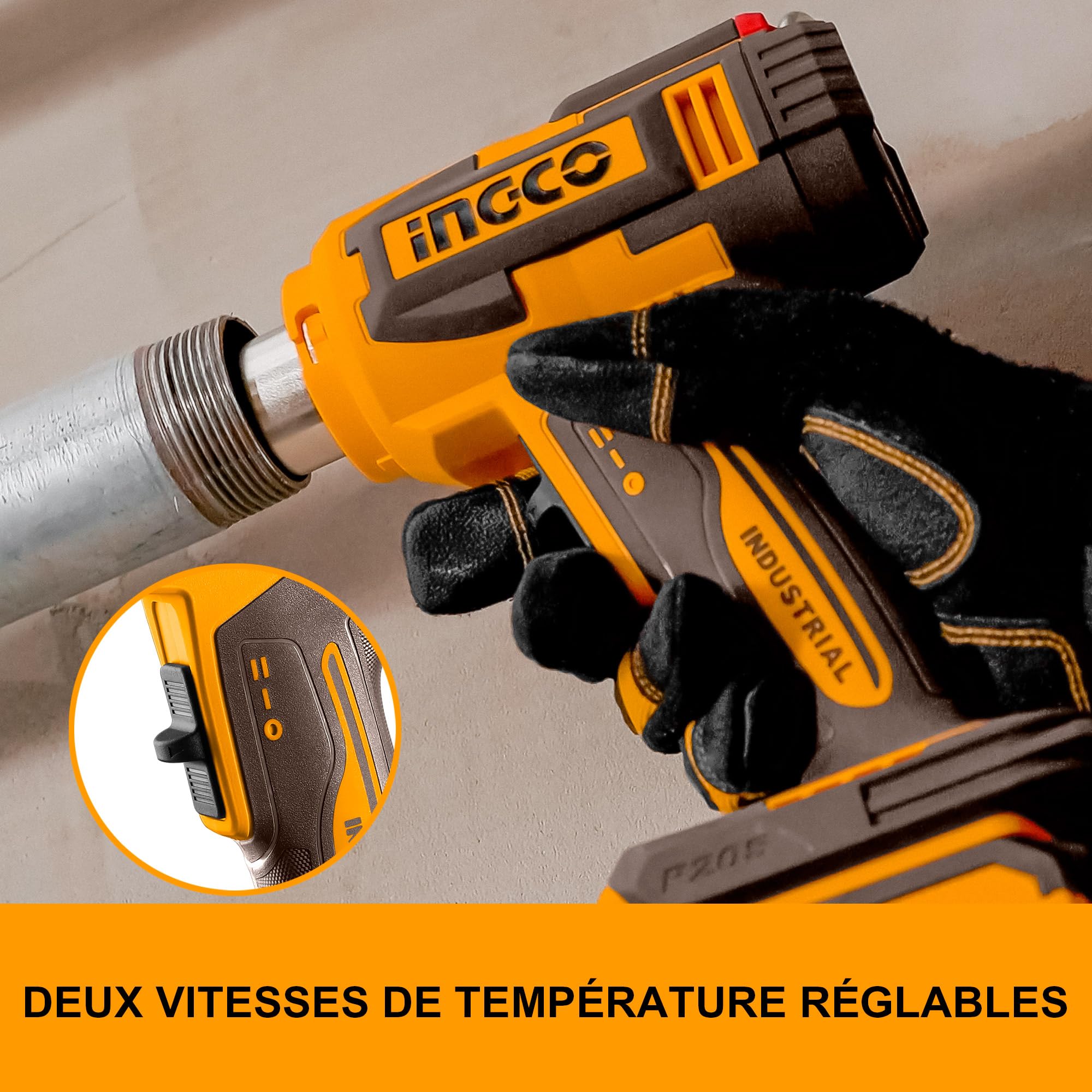 INGCO Pistolet à Air Chaud Sans Fil 20V, Contrôle de Température Variable, 30-550 °C, Affichage Numérique LCD, Decapeur Thermique Portable avec Batterie 5,0 Ah pour Travaux Manuels HGLI20035