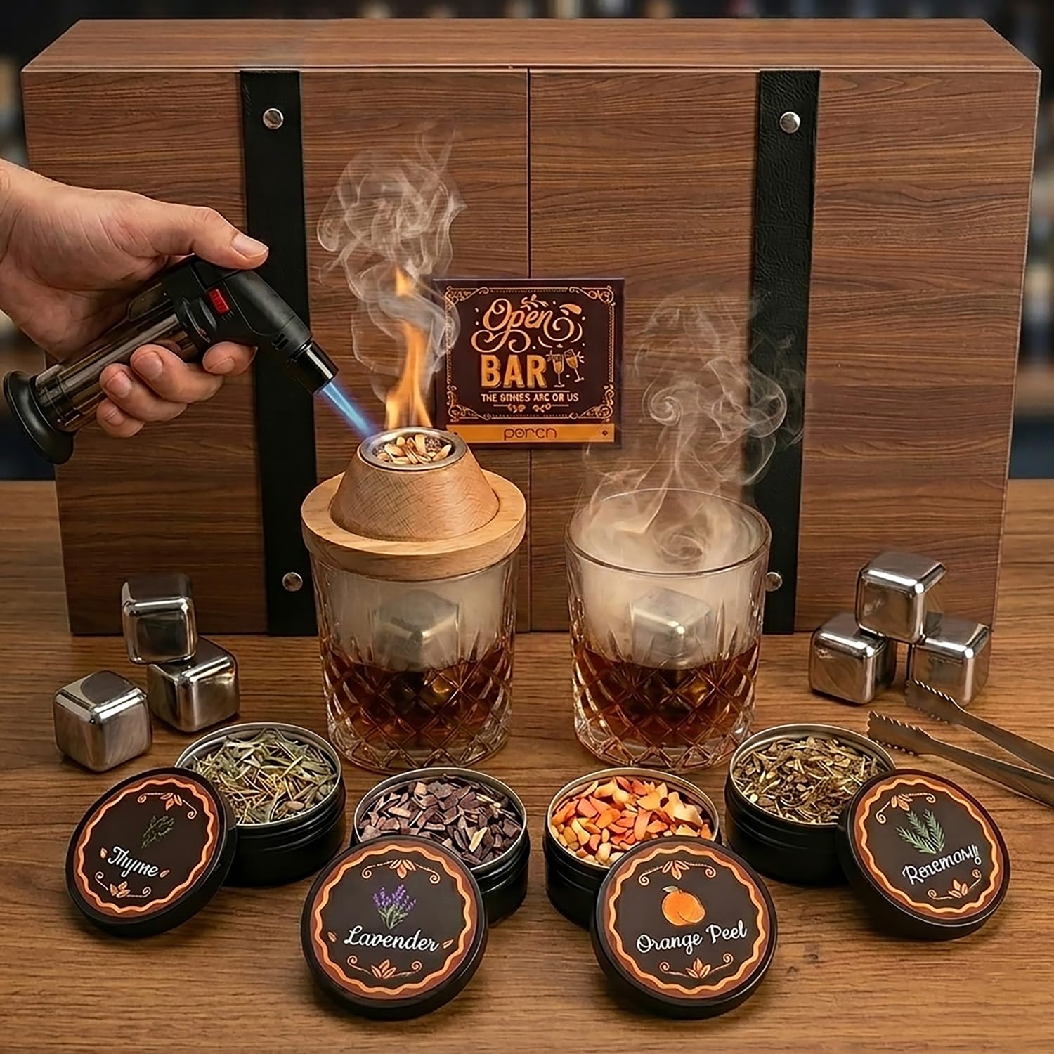 Cocktail Smoker Kit by Perch with Torch | Whiskey & Bourbon Smoke Infuser Set with 2 Glasses, 4 Flavor Wood Chips & Whiskey Stones | Old Fashioned Drink Smoker |Bar Gift Set for Men-image-34