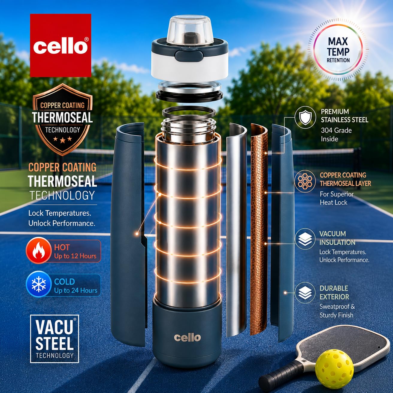 Cello Duro Hydrene Flask - Hot & Cold Stainless Steel -9