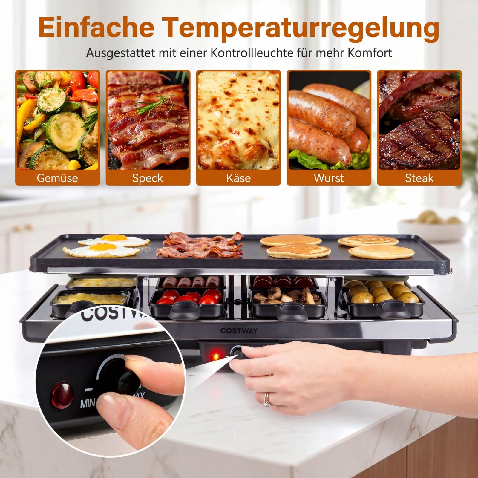 COSTWAY Grill raclette dla 8 osób, elektryczny grill z dwustronną nieprzywierającą płytą grillową 2 w 1 i regulowaną regulacją temperatury, w zestawie 8 patelni, 8 drewnianych szpatułek i szczypcami
