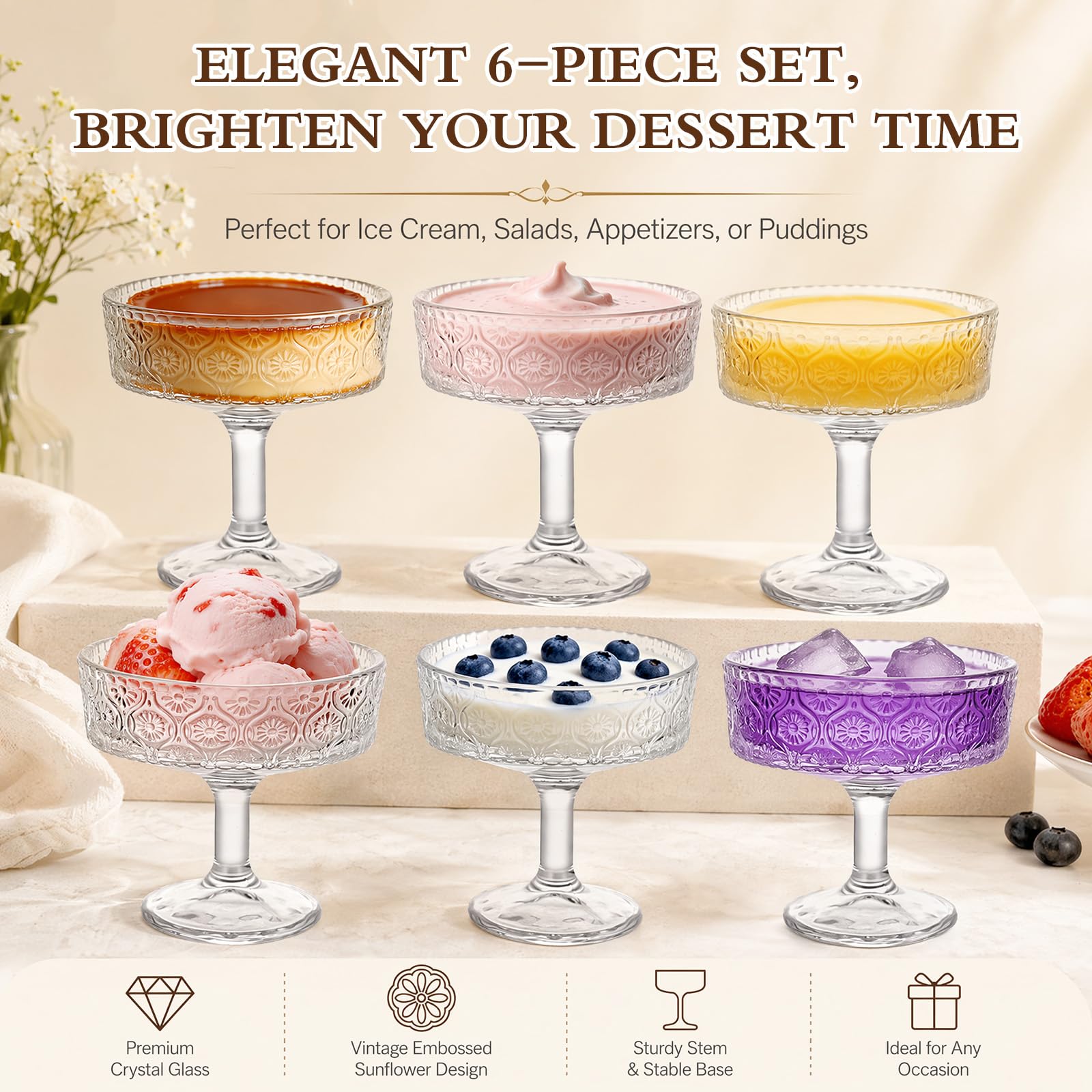 Juego de 6 cuencos de postre de cristal, 300 ml, vasos de postre, vasos de cóctel con pie