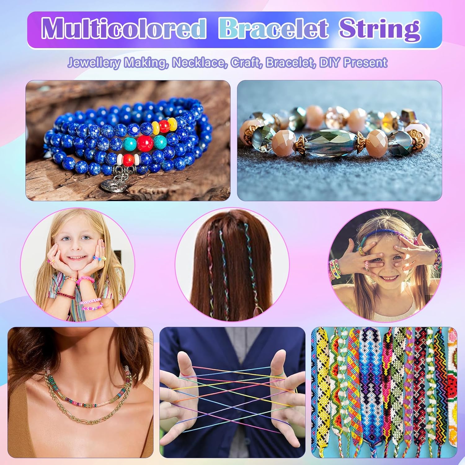 1mm x 100m Rainbow Elastic String for Bracelets, Durable Bracelet String,Suitable for DIY Jewelry Making, Bracelets, Necklaces, Crafts, Decorations (Corloful)