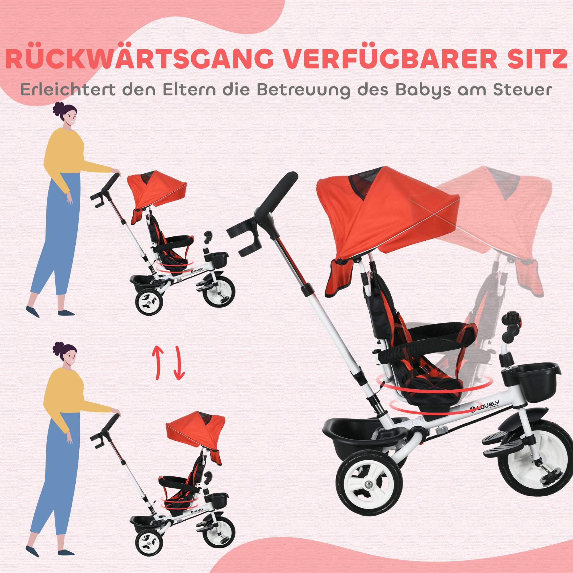 HOMCOM Dreirad 6 in 1 mit Schubstange für 1-5 Jahre Kinder bis 25kg, Kinderdreirad mit Vorwärts und Rückwärtsfahrt, Korb Getränkehalter, Faltbar Abnehmbar Sonnendach, Rot