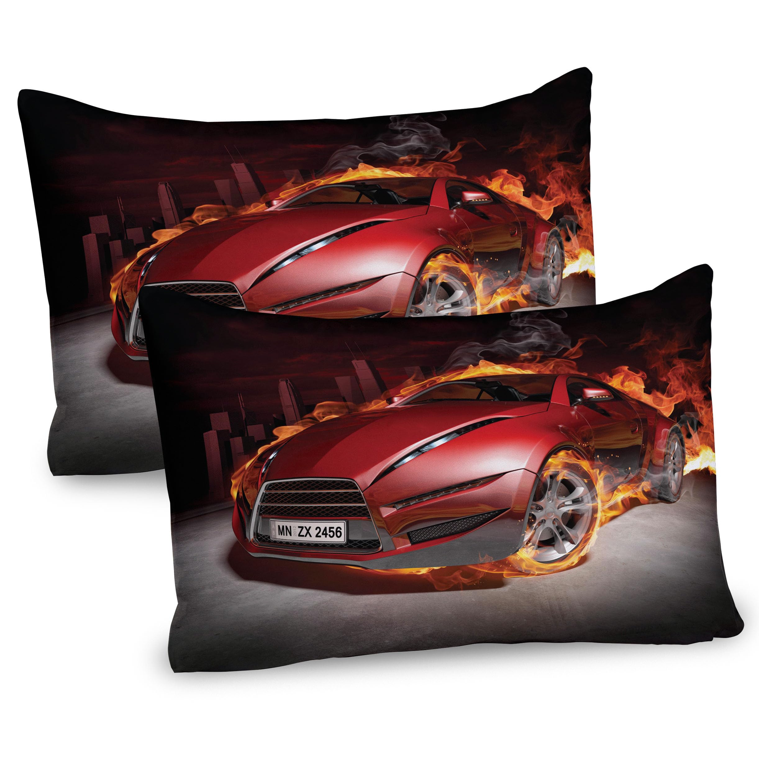 Ambesonne Cars Pillow Sham Set of 2, Red Sports Car Burnout Tires in Blazing Engine Hot Smoke Automobile, Quality Microfiber Bedding Item for All Seasons, 30