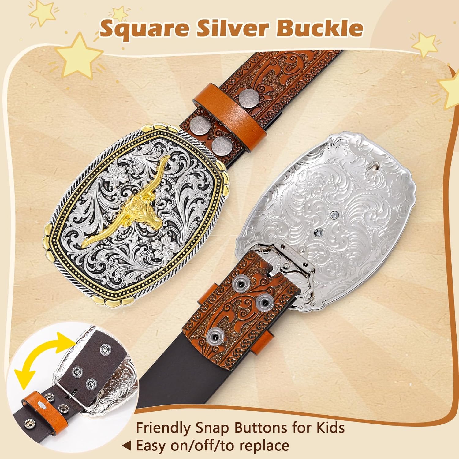 Kids Western Belt for Boys Girls Toddler Youth Genuine Leather Cowgirl Cowboy Belt with Silver Longhorn Buckle - Image 3