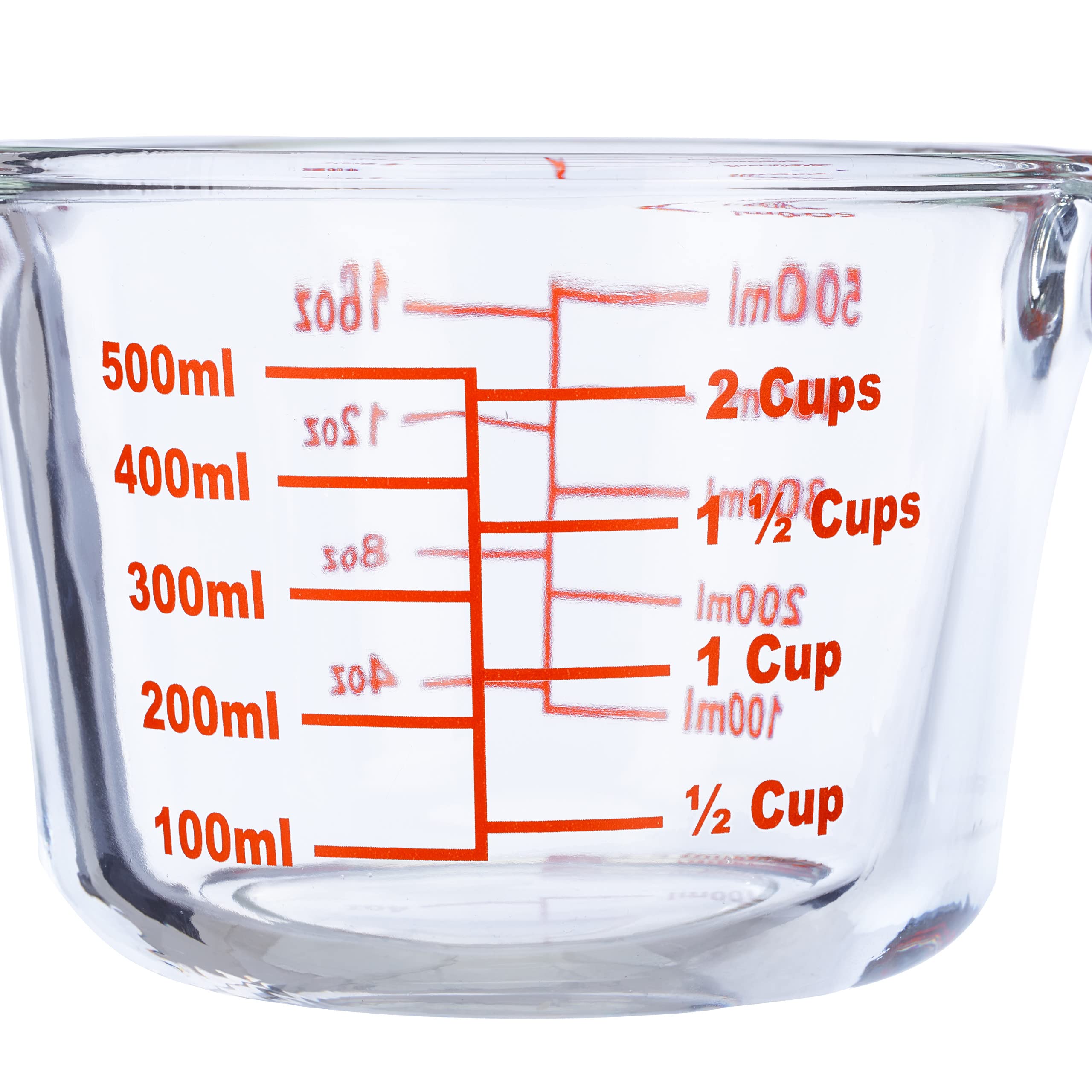 Relaxdays Miarka szklana, 500 ml, odporna na wysokie temperatury, nadaje się do kuchenki mikrofalowej, skala w mililitrach, kubki, oz, przezroczysta, czerwona, 9 x 13 x 17,5 cm