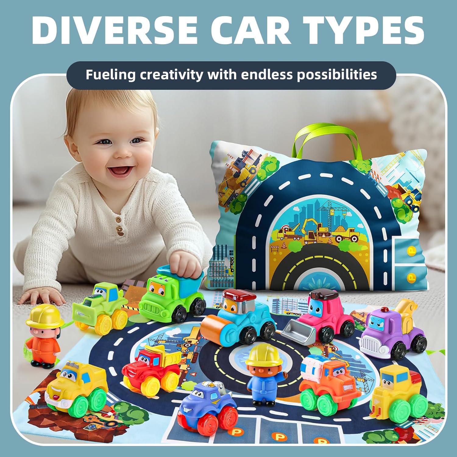 ALASOU 24 PCS Soft Rubber Car Toys with Playmat/Storage Bag for Infant and Toddlers