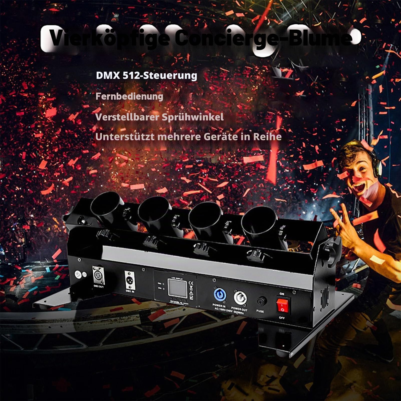 4-Schuss-Konfettiwerfer, Streamer-Kanone, Konfettimaschine, DMX-Fernbedienung, elektrische Papier-Konfettikanone für Hochzeits-Disco-Show-Club-Bühnenparty