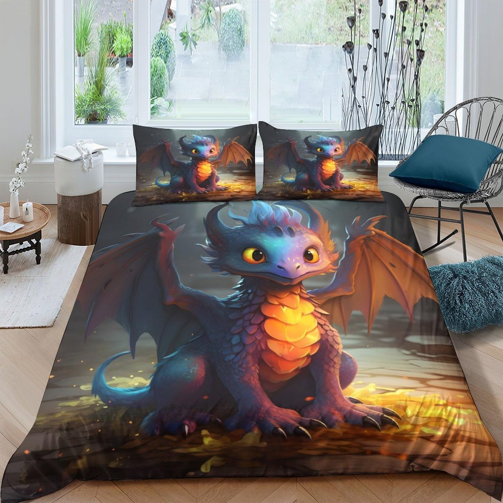 TUFRTGYHN 3D Printed Cute Fantasy Dragon Duvet Cover Microfiber Soft Breathable Fire-Breathing Bedding Set with 2 Pillowcases for Bedroom Decor Single（135x200cm）