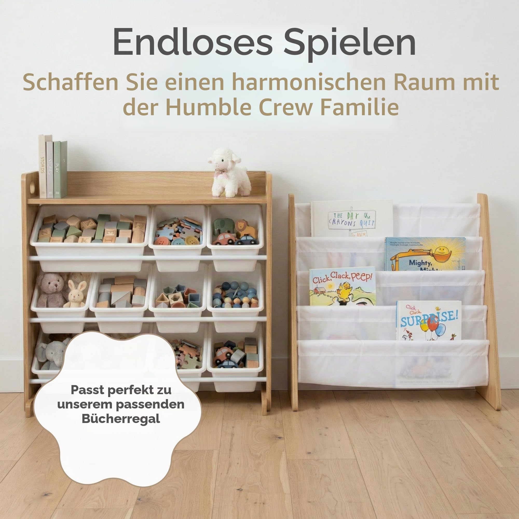 Humble Crew Kinderregal – Spielzeugregal mit 9 Aufbewahrungsboxen, Aufbewahrungsregal für Kinderzimmer, Natur/Weiß