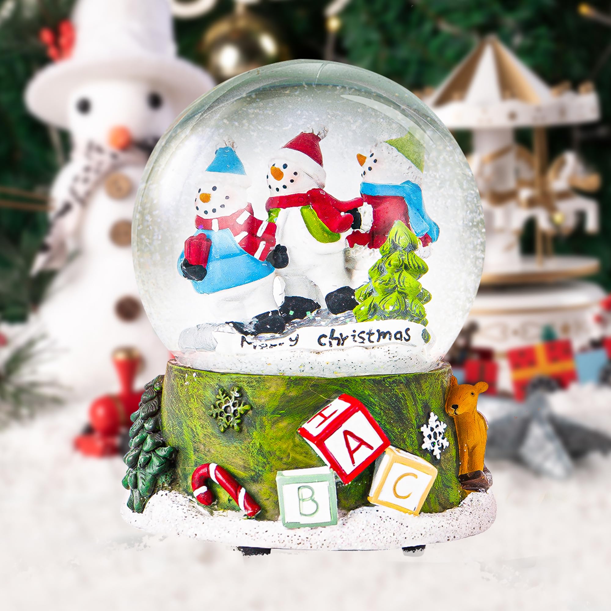 Snow Globe With Snowmen - 100mm Christmas Musical Water Globe | Wind-Up Holiday Decoration With "We Wish You A Merry Christmas"