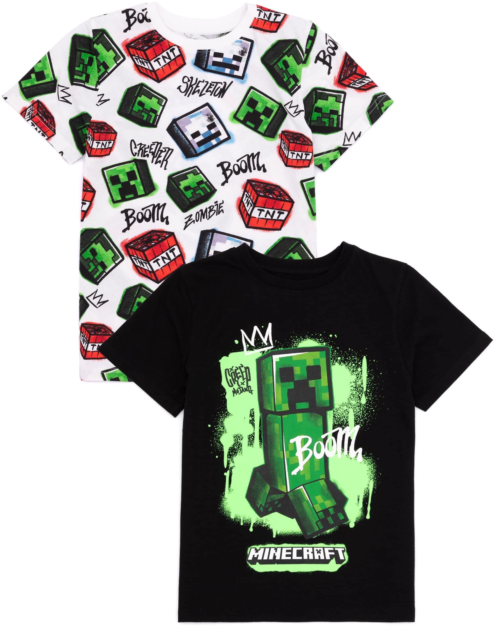 Minecraft T-Shirt 2 Pack Kids | Chicos Chicas Skeleton Boom Creeper Juego Personajes Blanco y Negro Top | Ropa de Manga Corta