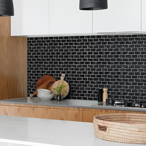 Miniatura 2 de Lagute Azulejo de 5 hojas para despegar y pegar, azulejos de metro negro mármol con lechada gris para cocina y baño, impermeable, (diseño más