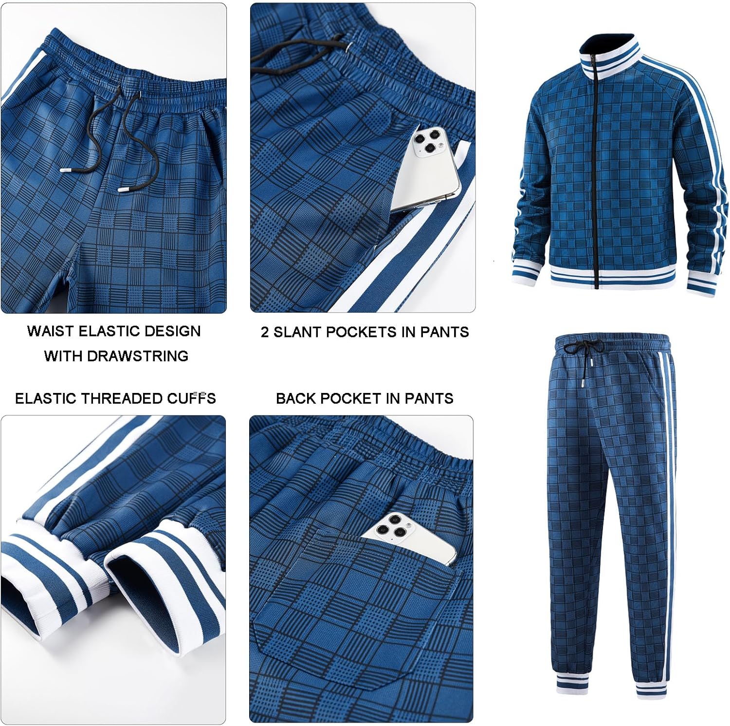 Men Tracksuits Full-zip Long Sleeve Plaid Track Jackets and Pants 2 Piece - Image 6