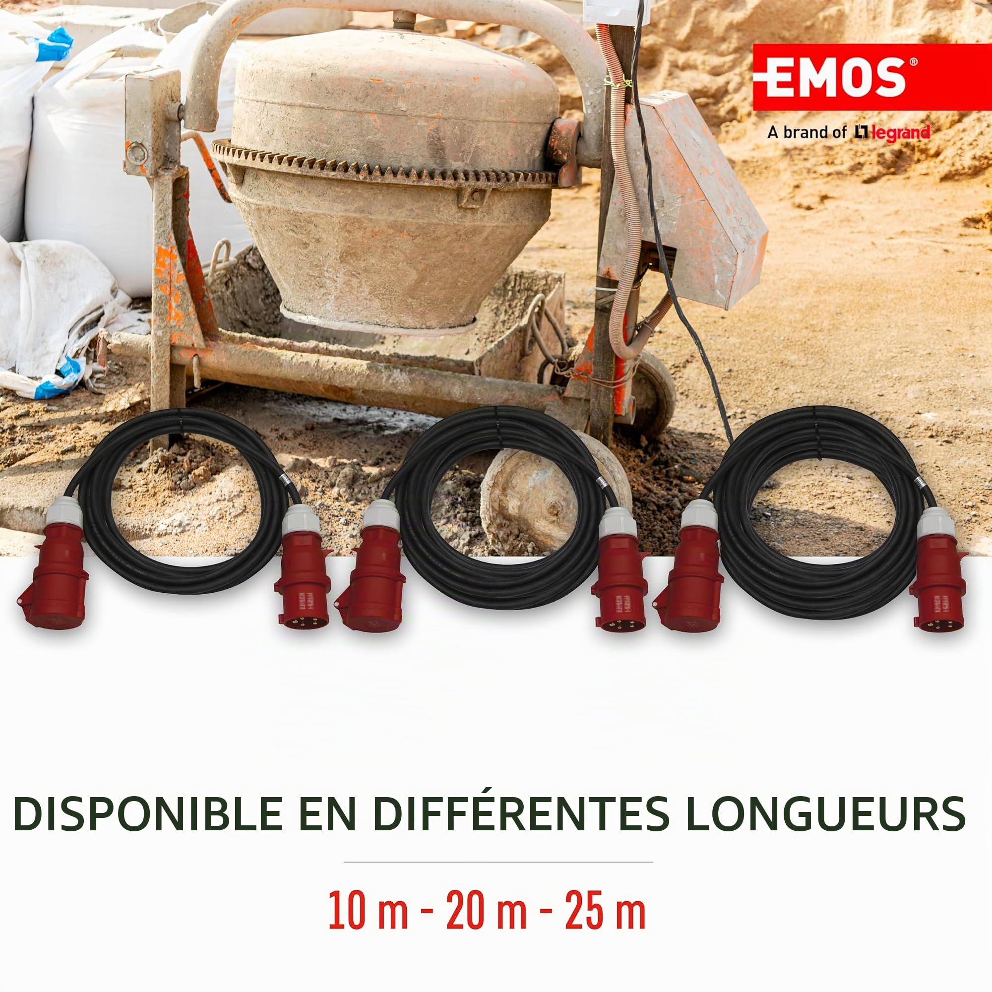 EMOS - IP44 CEE-câble de rallonge 10m - fiche 5 pôles - étanche, résistant à la température - 400 V, 16 A, 3680 W - Isolation en Caoutchouc - CGSG 5C x H05RR-F 2,5 mm2 - pour l'extérieur & Le Camping