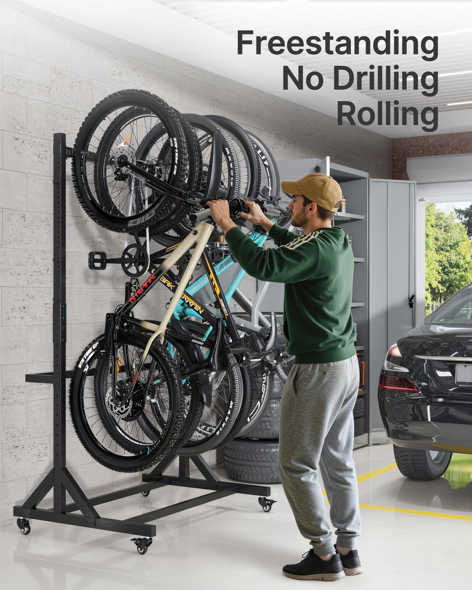 monTEK Freestanding Bike Storage Rack for 5 Bikes, Heavy Duty 350LBS Vertical Bike Stand with 5 Bike Hooks & 6 Helmet Hooks, Indoor and Outdoor Bike Storage Rack with Locking Casters