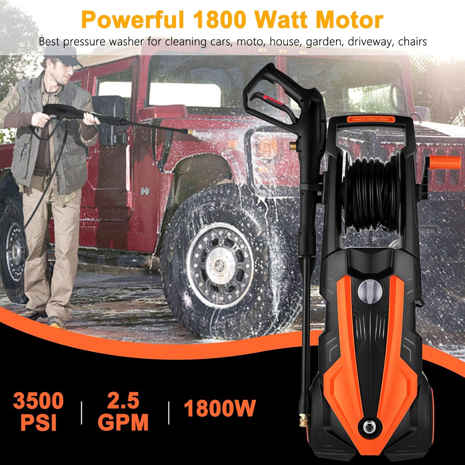 🔥 Electric Pressure Washer, TOPZONE 1232 PSI 1.43GPM Electric Power Washer with Reel, 4 Nozzles, Detergent Tank, 1670W High Pressure Washer Machine for Car/Patio/Garden/Yard/Patios Cleaner