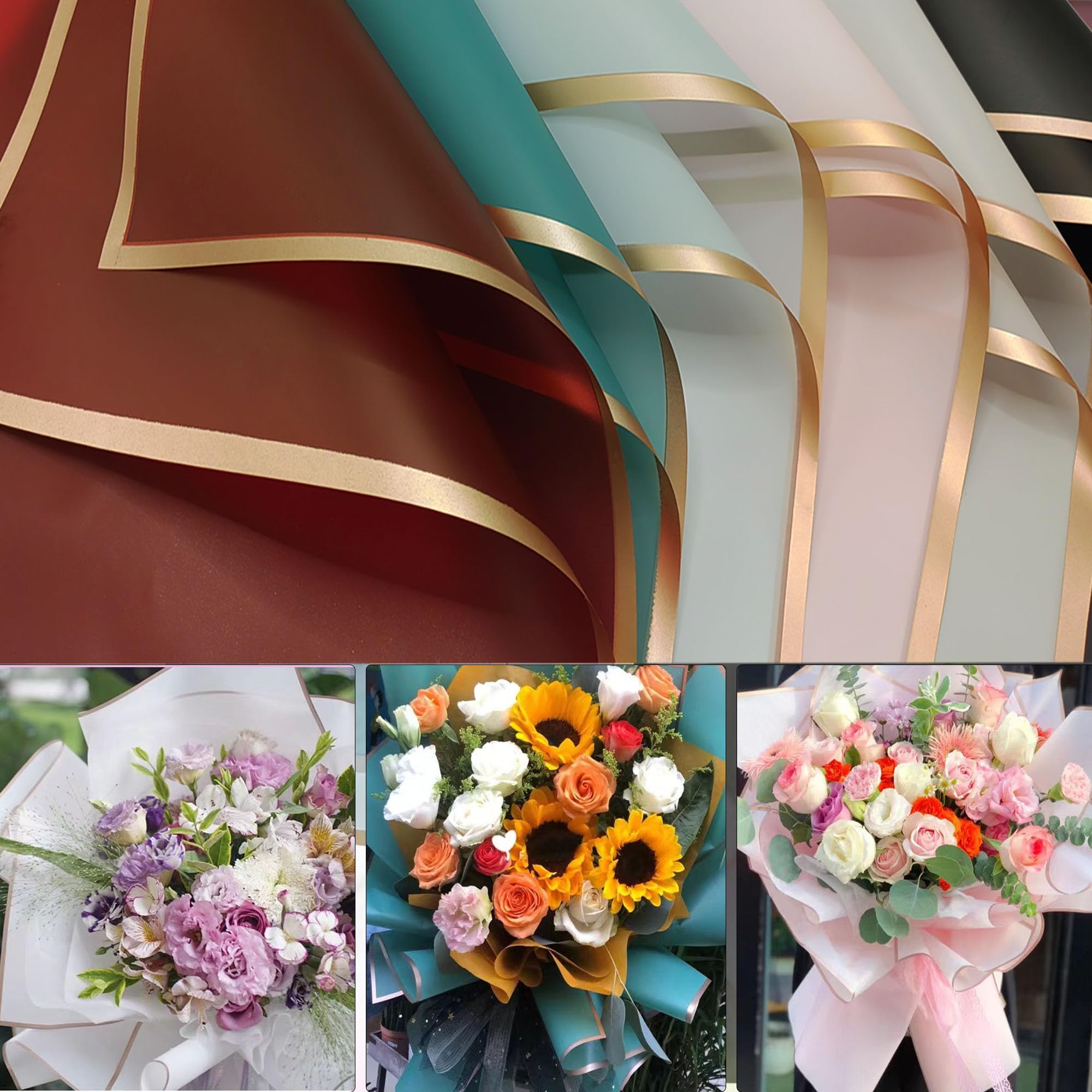 Lot De 20 Feuilles De Papier Cadeau à Bord Doré Pour Bouquet De