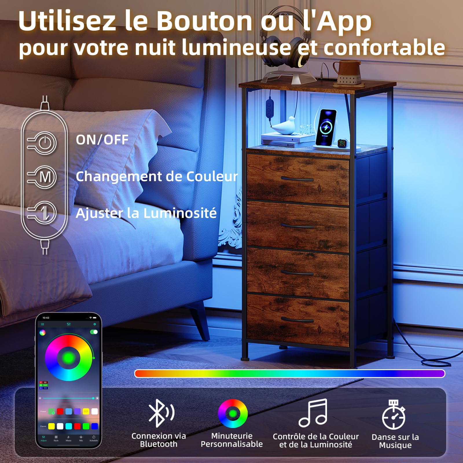 Somdot Commode Chambre Connecté, Table de Chevet LED Haute avec Station de Charge, Meuble de Rangement en Tissu pour Adult Salon Couloir Entrée, 30P x 40l x 86,5H (4 Tiroirs), Imprimé Grain de Bois