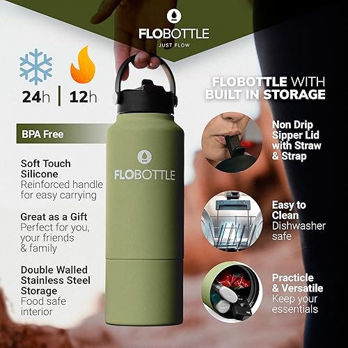 Miniatura 3 de Flobottle, Botella de agua de acero inoxidable con pajilla, botella de agua aislada de 28 onzas con almacenamiento, botella de agua a prueba de