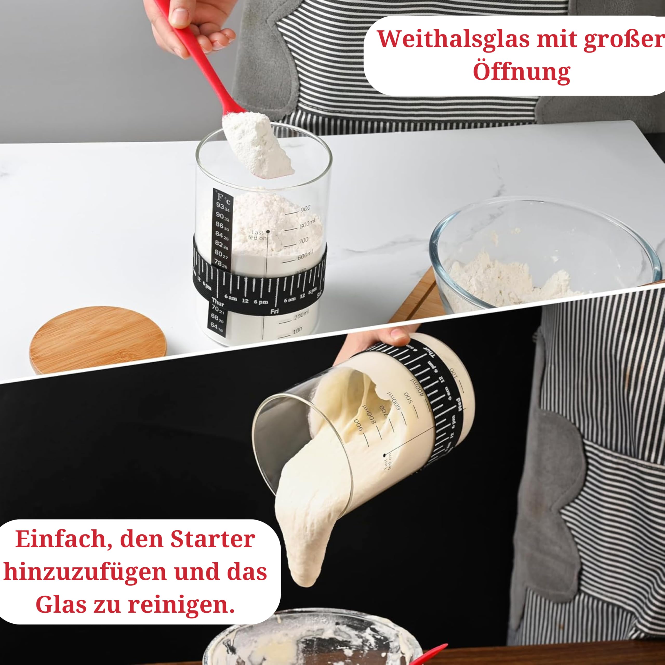 SoLuna. Sauerteig Starter Set Glas 1L/1000ml [Premium aus Borosilikat] - Sauerteig Glas Set mit Datumsband/Thermometer/Spatel/Stoffabdeckung/Deckel/Rezept - Sourdough Starter Kit (Rot, 7-teilig)