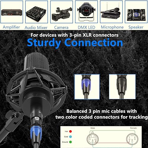 Miniatura 19 de XLR Cables - Paquete de 4 cables de micrófono profesional macho a hembra, cable de micrófono de 3 pines chapado en oro, cable de altavoz XLR