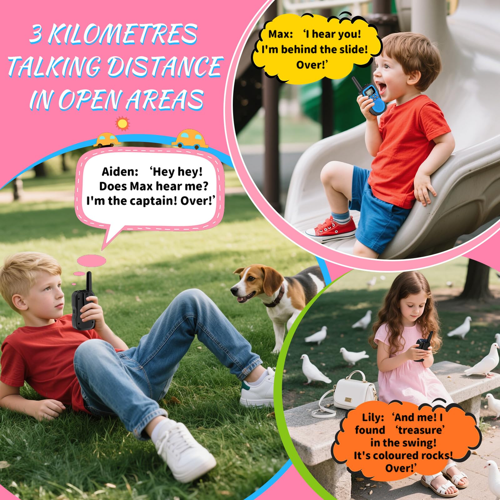 Walkie Talkies para niños, 3 unidades, recargable, 1.9 mi, de mano, de largo alcance, radio de 22 canales, 2 vías, regalos de fiesta de cumpleaños para niñas de 3 a 12 años, exteriores 3