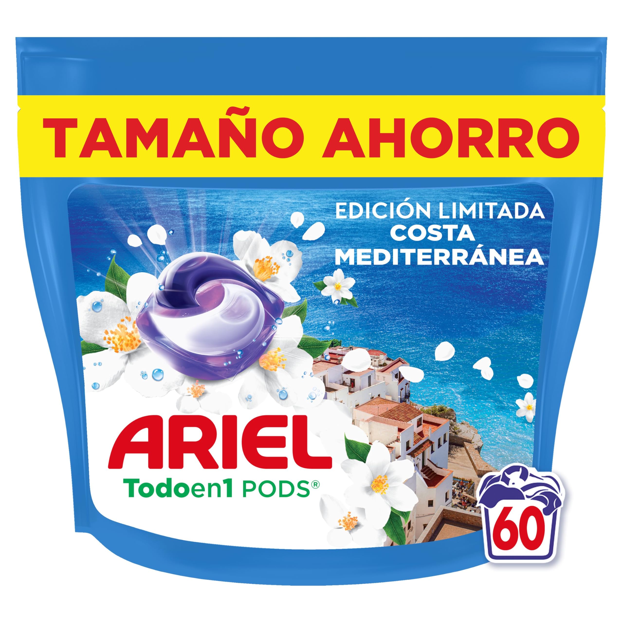 Ariel Todo en 1 PODS Brisa Marina Y Jazmín, Edición Limitada Costa Mediterránea, Detergente Líquido Para Lavadora En Cápsulas, 60 Lavados