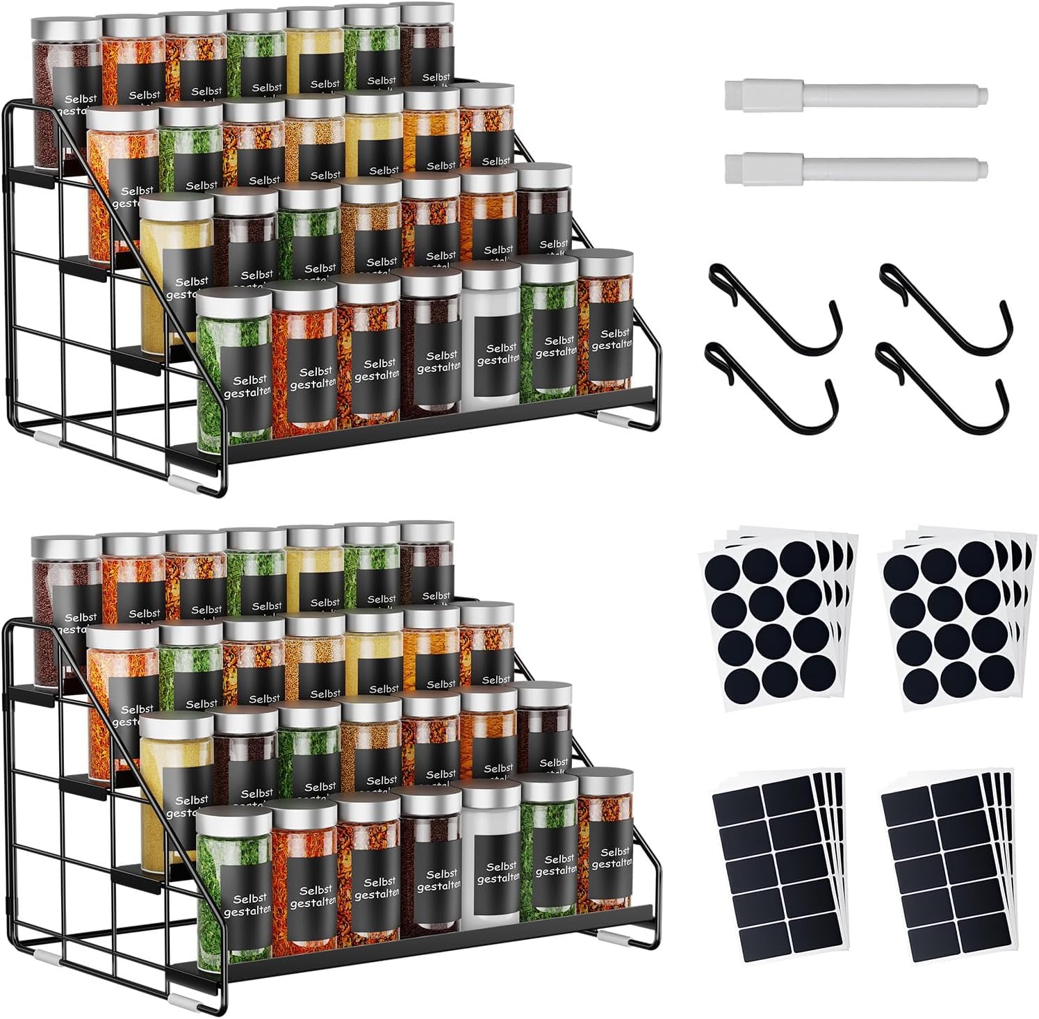 Lot de 2 étagères à épices debout à 4 niveaux, hauteur réglable (2/3/4 niveaux) et sans perçage, en métal noir, avec crochets en S et étiquettes, organisateur d'épices pour cuisine, armoire