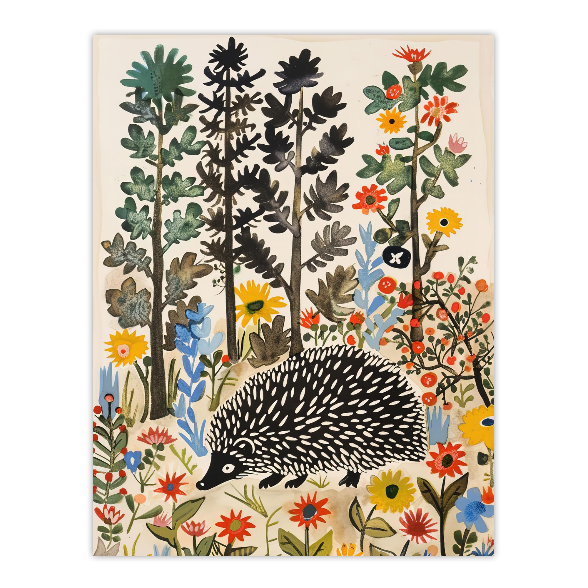 Artery8 Hedgehog in Forest Folk Art Painting Wildflowers Wall Art Print - W18" x H24"